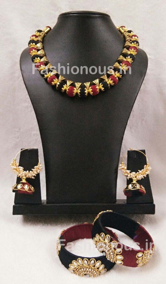 Black and Maroon Silk Thread Jewellery Set-STJSW-088
