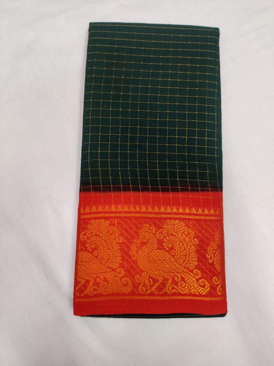 Dark Green and Orange-Madurai Sungudi Sarees - Double side Jari Border