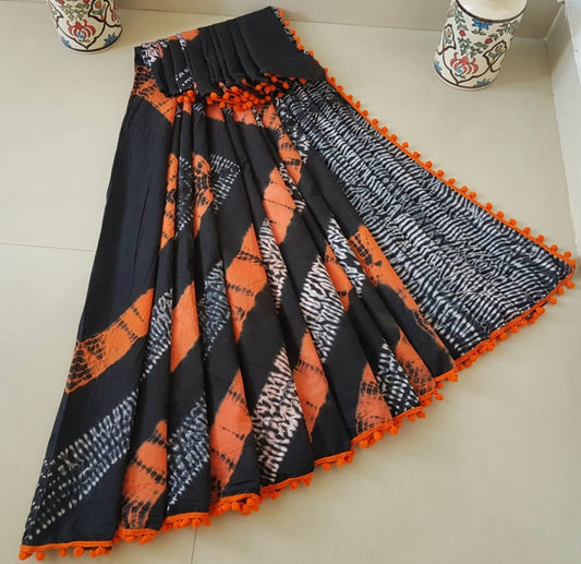 Black and Orange Cotton Saree-TCS039