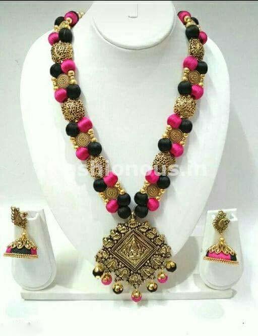 Black and Pink Silk Balls with Rhombus Antique Pendant Silk Thread Jewellery Set-STJS-048