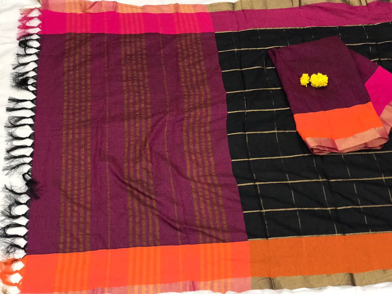 Black and Pink with Beautiful Zari and Tassel Pallu South Cotton Saree-SRE-380