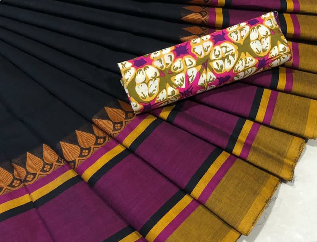Black and Purple  Pure Cotton Saree CPC 005