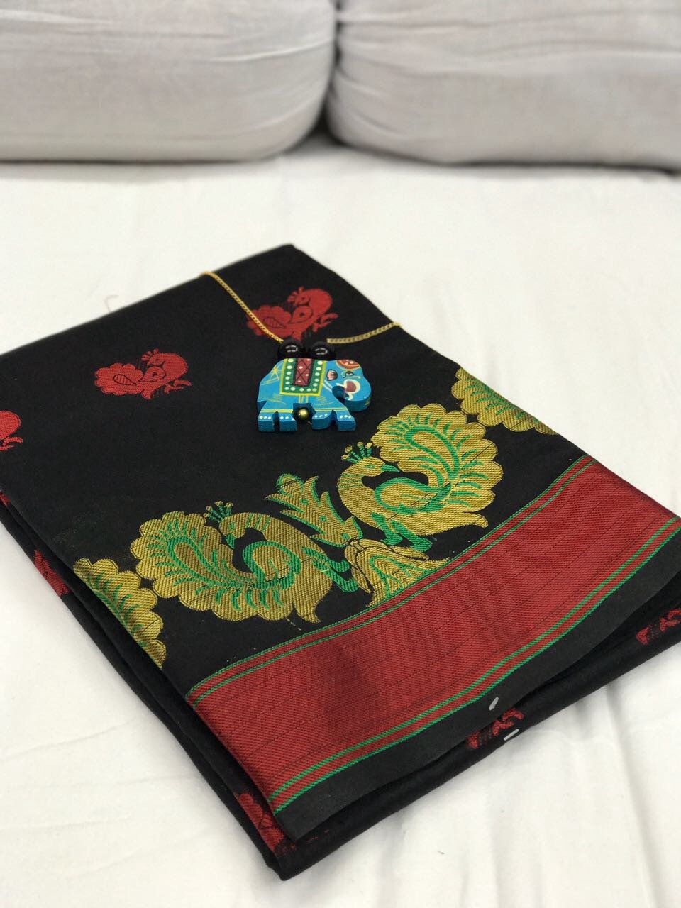 Black and Red Border with Peacock Design Silk Cotton Saree-SRE-262
