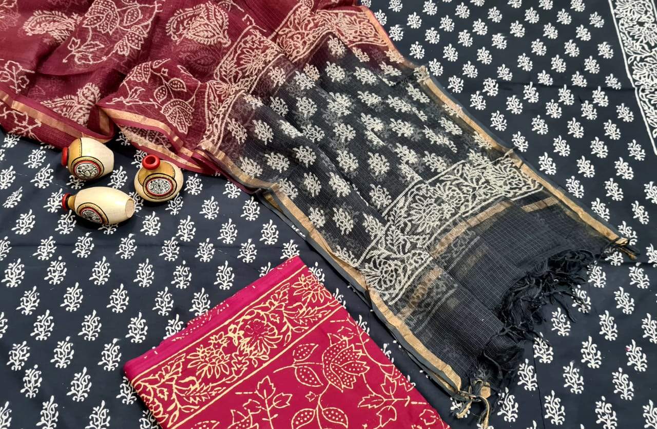 Black and Red Handblock Unstitched Printed Cotton Suit