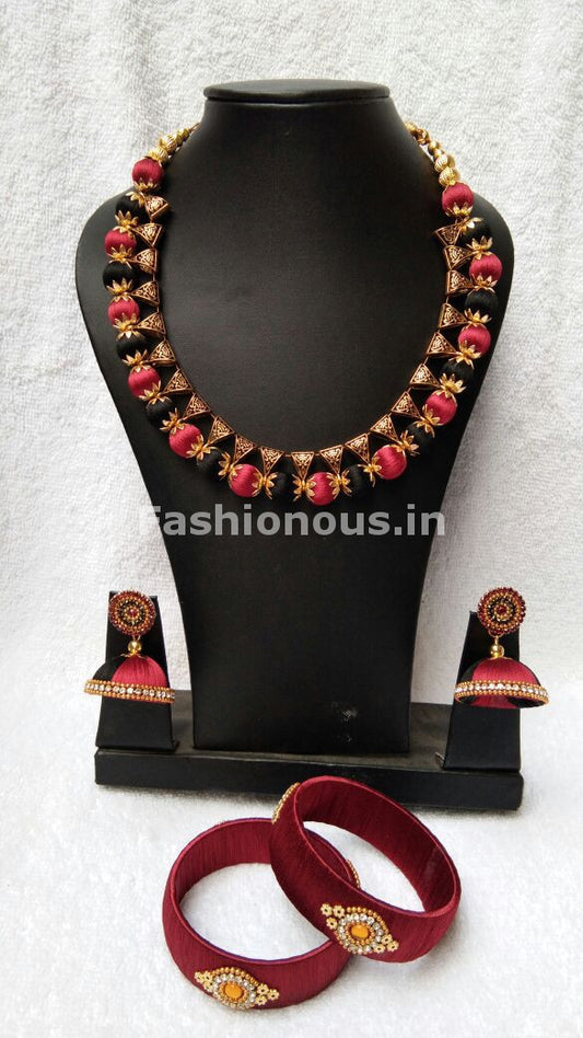 Black and Red Silk Thread Jewellery Set-STJS-021