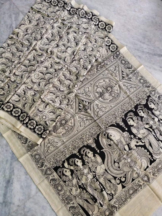Monochrome Hand Painted Kalamkari Chennur Silk Saree_BWHCS002