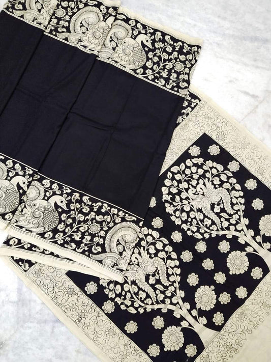 Monochrome Hand Painted Kalamkari Chennur Silk Saree_BWHCS003