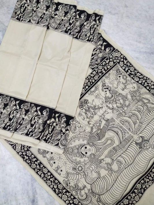 Monochrome Hand Painted Kalamkari Chennur Silk Saree_BWHCS004