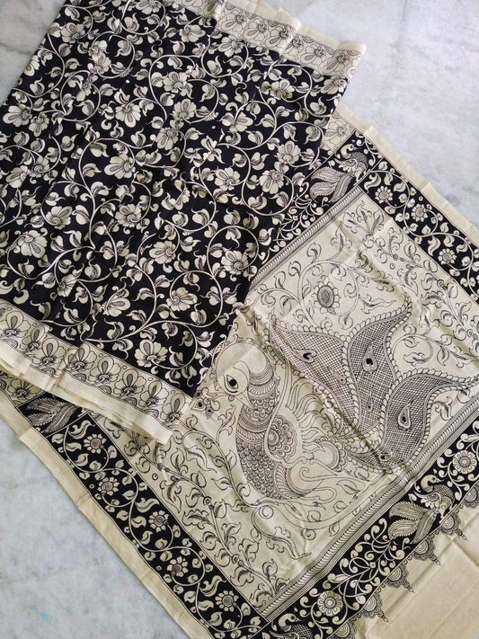 Monochrome Hand Painted Kalamkari Chennur Silk Saree_BWHCS005