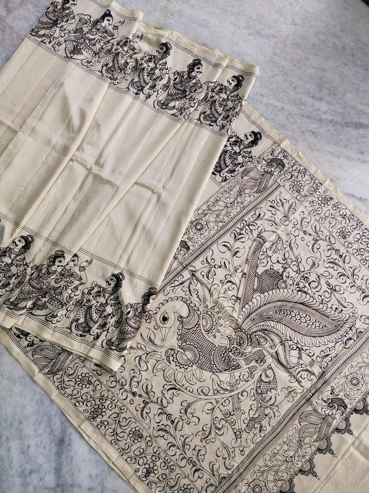 Monochrome Hand Painted Kalamkari Chennur Silk Saree_BWHCS008