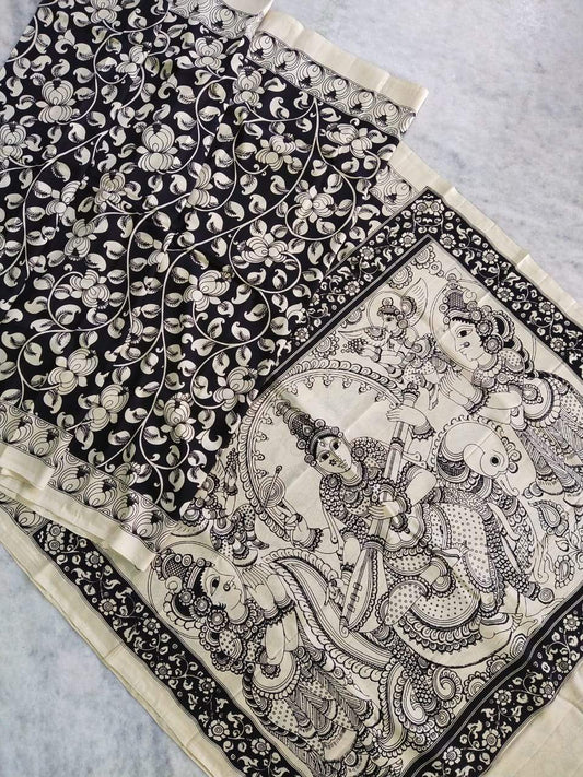Monochrome Hand Painted Kalamkari Chennur Silk Saree_BWHCS009