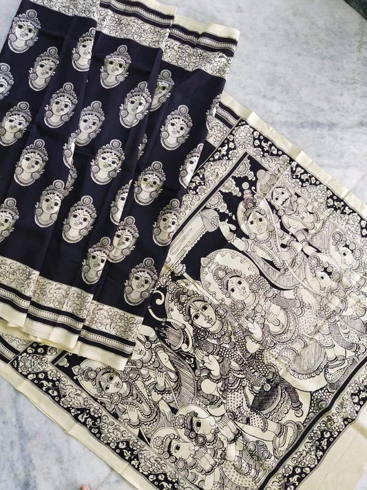 Monochrome Hand Painted Kalamkari Chennur Silk Saree_BWHCS010