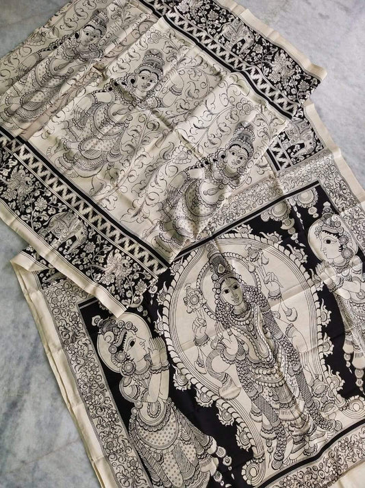 Monochrome Hand Painted Kalamkari Chennur Silk Saree_BWHCS011