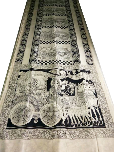 Black and White Kalamkari Hand Painted Chennur Silk Saree-KPCHS-038
