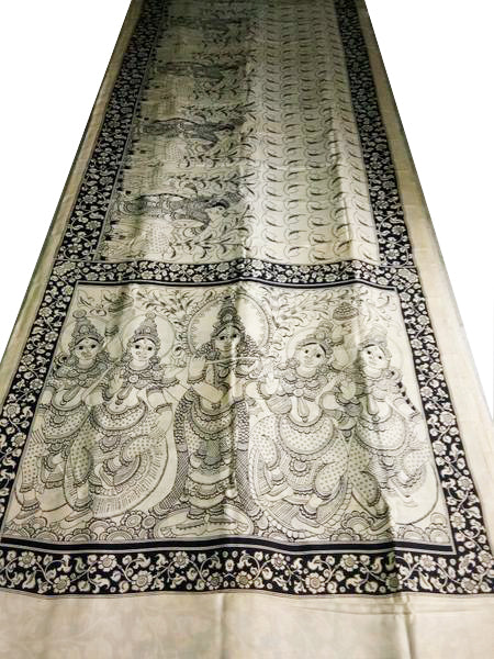 Monochrome Krishna & Gopis Hand-Painted Chennur Silk Kalamkari Saree
