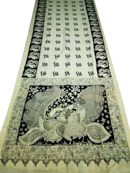 Monochrome Peacock Duo Hand-Painted Chennur Silk Kalamkari Saree