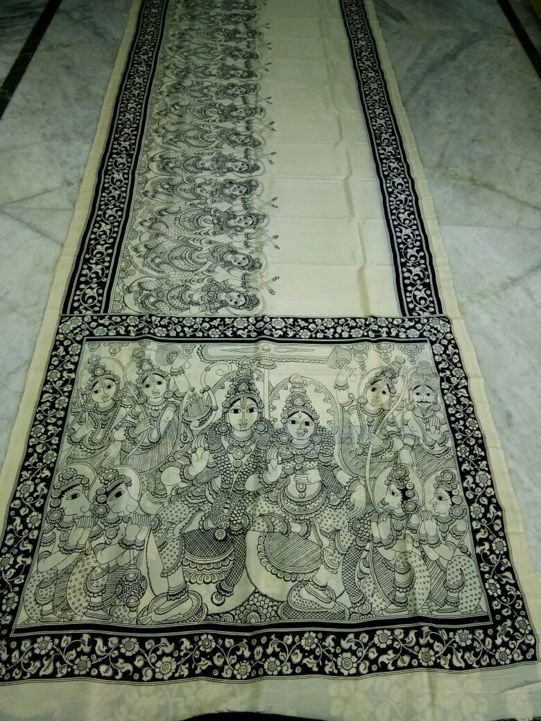 Black and White Kalamkari Printed Chennur Silk Saree-KPCHS-046