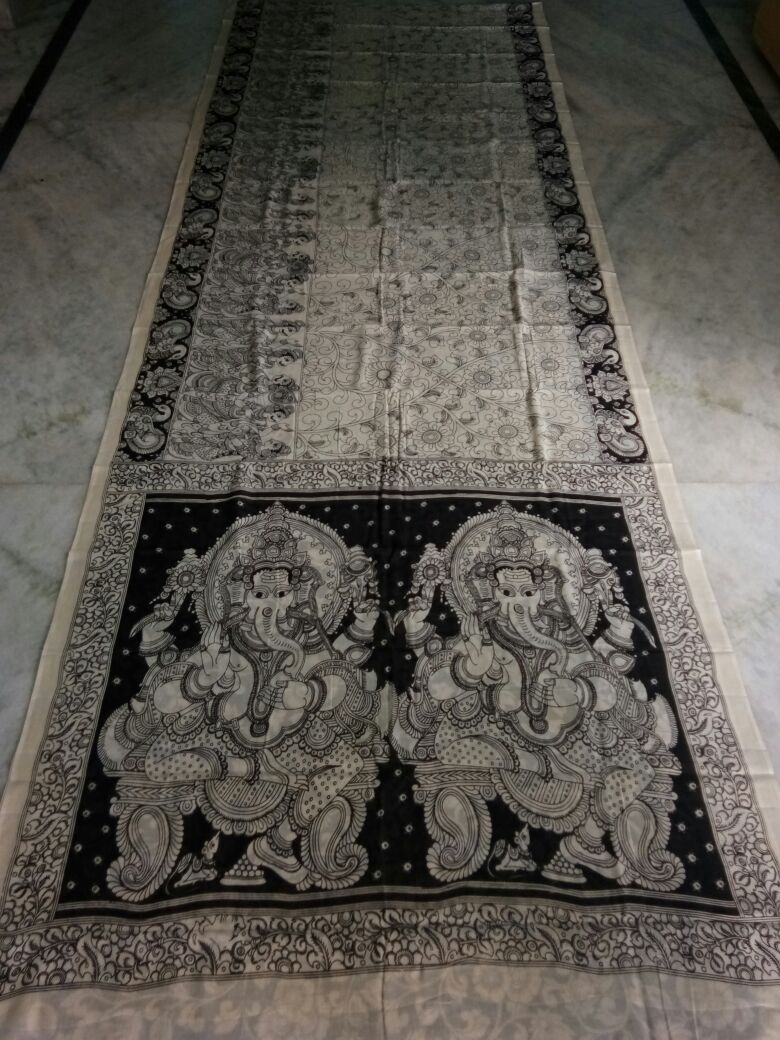 Black and White Kalamkari Printed Chennur Silk Saree-KPCHS-047