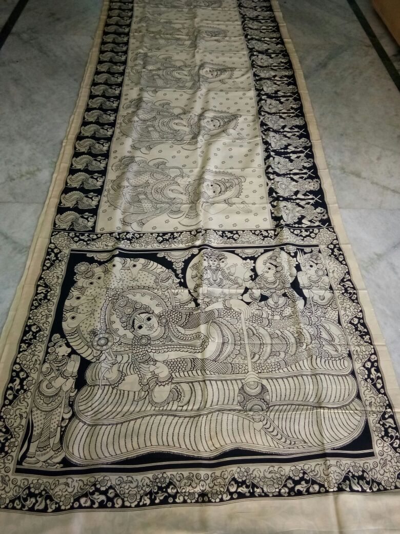 Black and White Kalamkari Printed Chennur Silk Saree-KPCHS-048