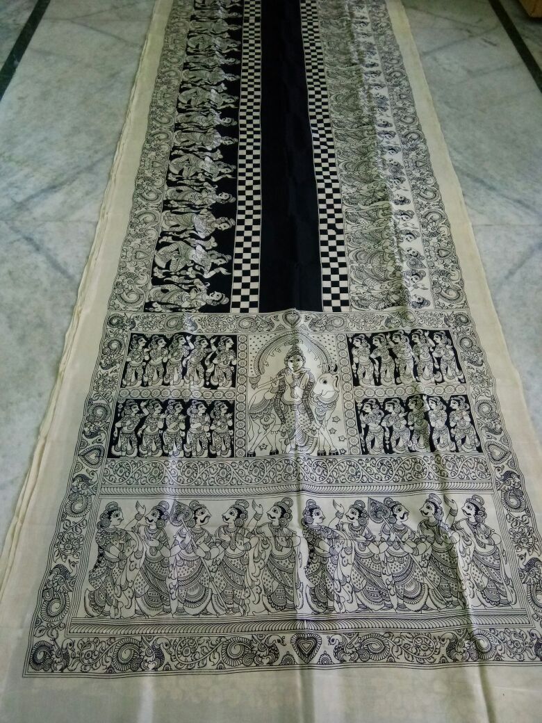 Black and White Kalamkari Printed Chennur Silk Saree-KPCHS-049