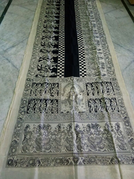 Black and White Kalamkari Printed Chennur Silk Saree-KPCHS-049