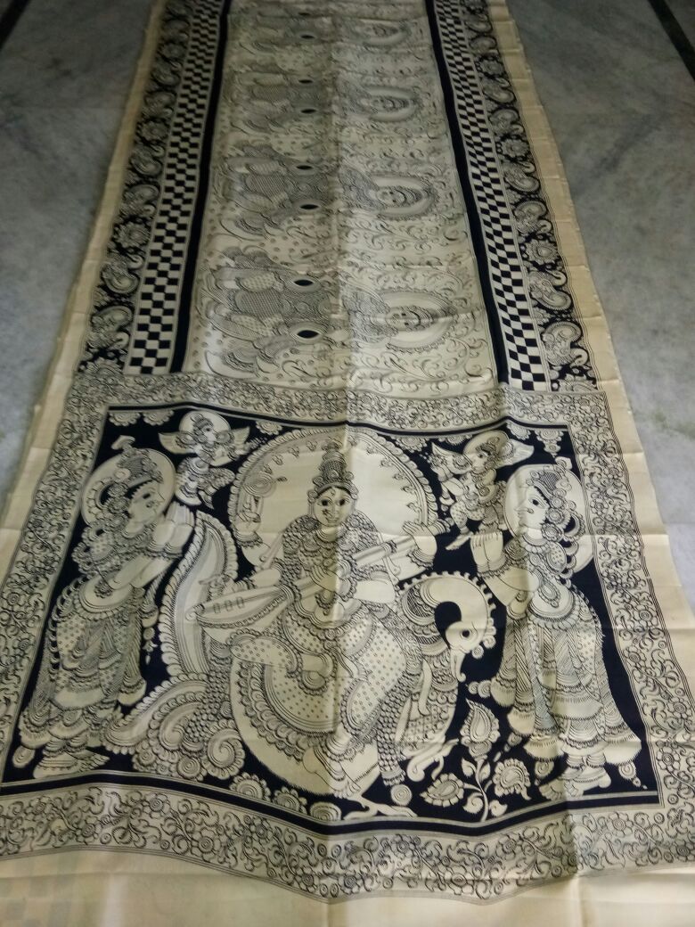 Black and White Kalamkari Printed Chennur Silk Saree-KPCHS-050