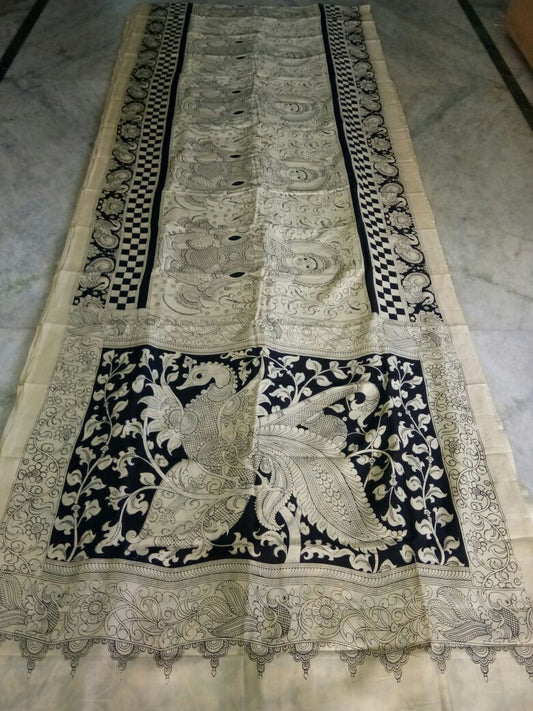 Black and White Kalamkari Printed Chennur Silk Saree-KPCHS-052