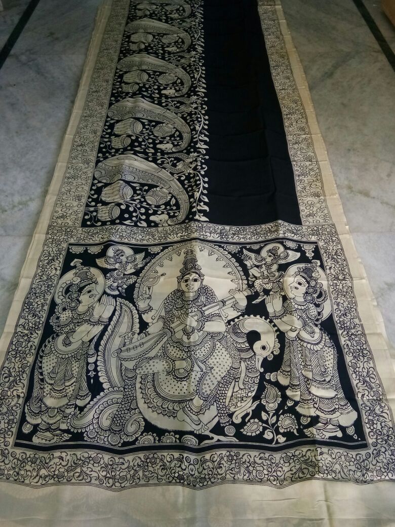 Black and White Kalamkari Printed Chennur Silk Saree-KPCHS-053