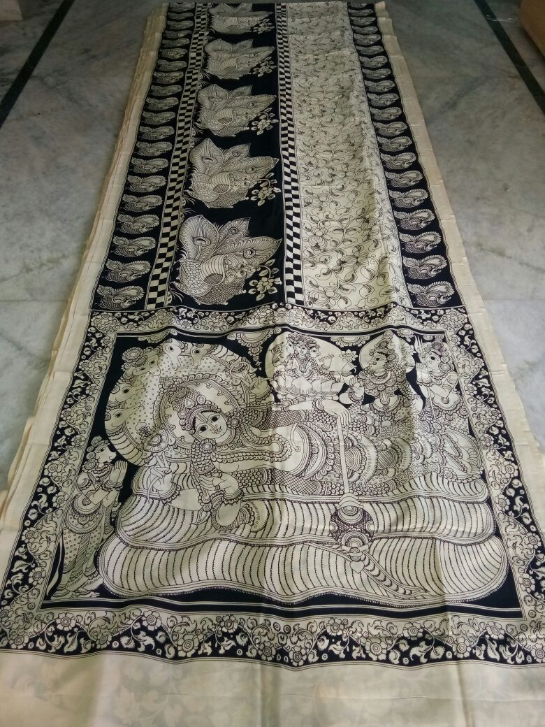 Black and White Kalamkari Printed Chennur Silk Saree-KPCHS-054