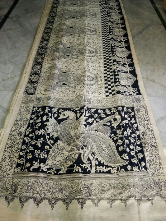 Black and White Kalamkari Printed Chennur Silk Saree-KPCHS-055