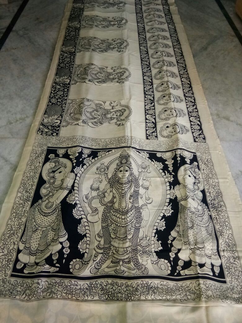Black and White Kalamkari Printed Chennur Silk Saree-KPCHS-056