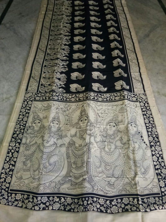 Black and White Kalamkari Printed Chennur Silk Saree-KPCHS-057