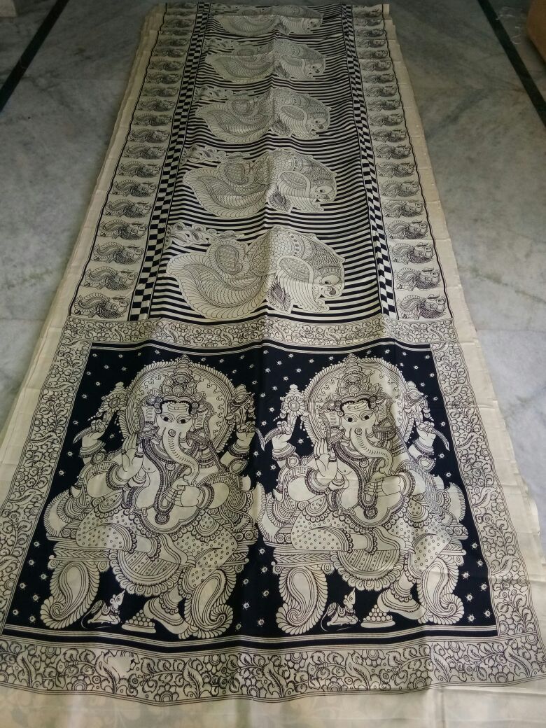 Black and White Kalamkari Printed Chennur Silk Saree-KPCHS-058