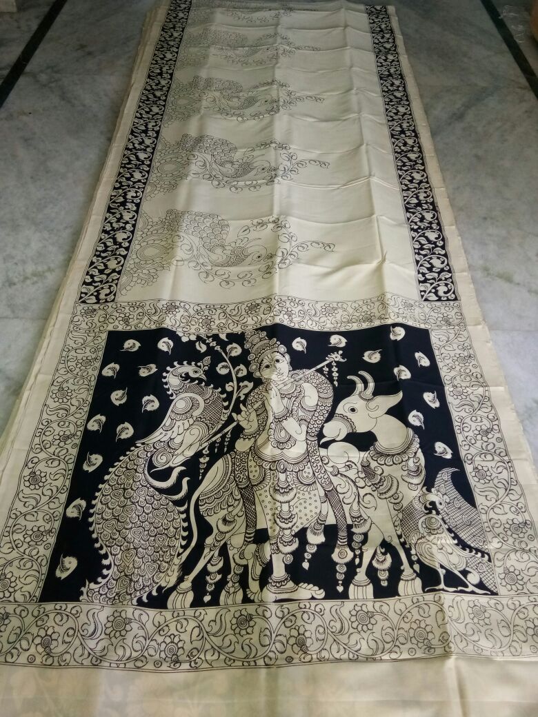 Black and White Kalamkari Printed Chennur Silk Saree-KPCHS-059