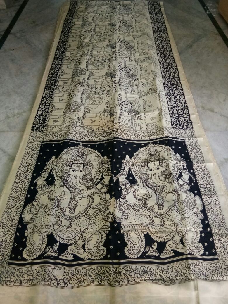 Black and White Kalamkari Printed Chennur Silk Saree-KPCHS-060