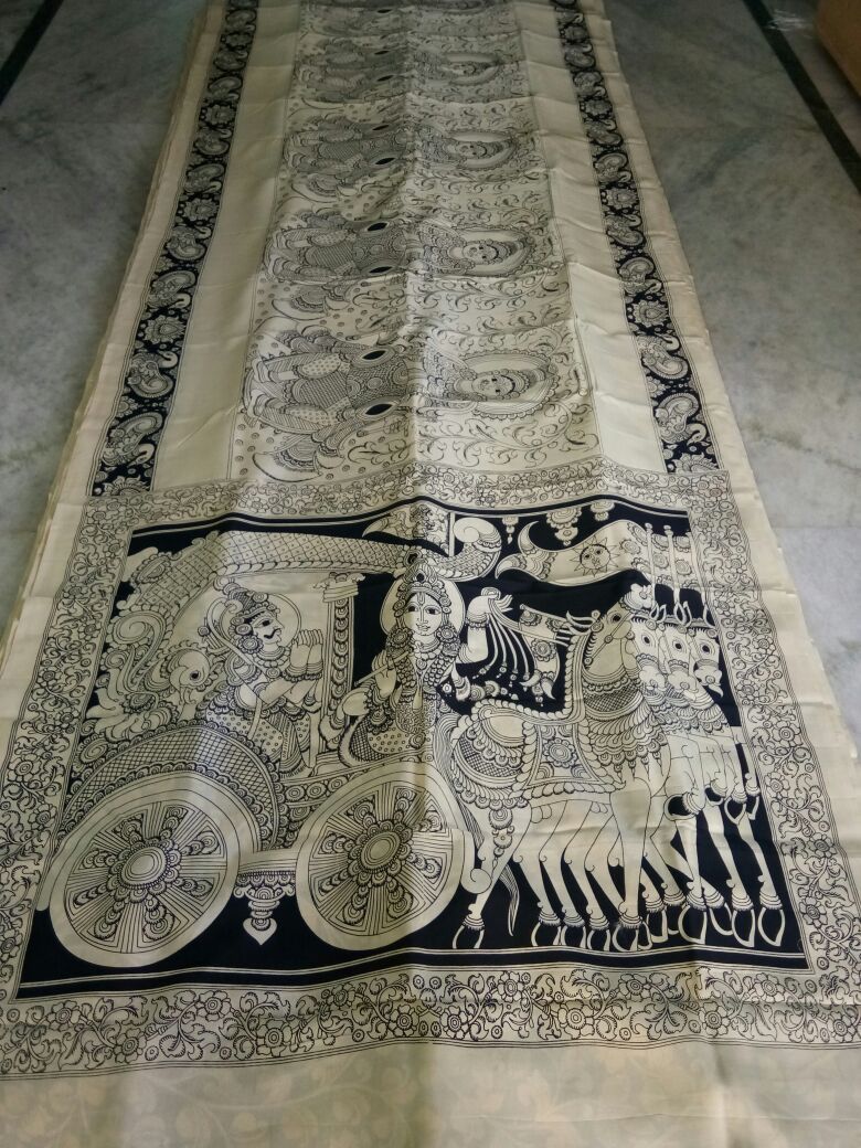 Black and White Kalamkari Printed Chennur Silk Saree-KPCHS-061
