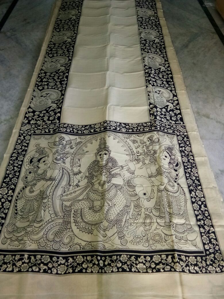 Black and White Kalamkari Printed Chennur Silk Saree-KPCHS-062