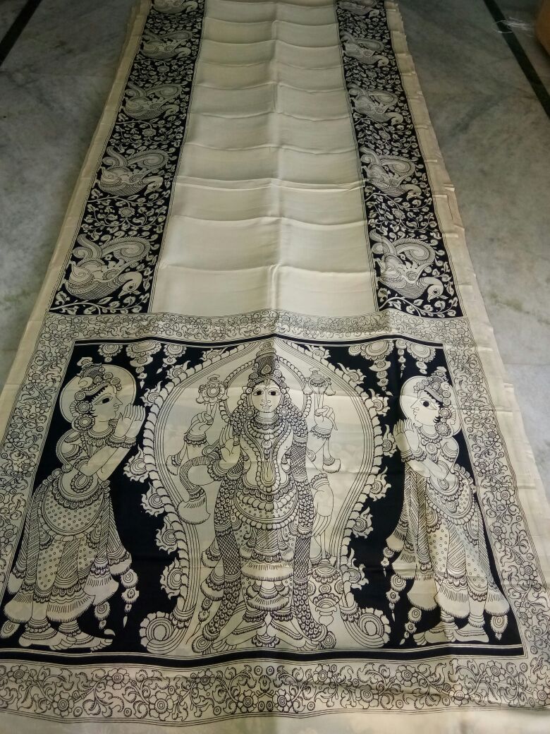 Black and White Kalamkari Printed Chennur Silk Saree-KPCHS-065
