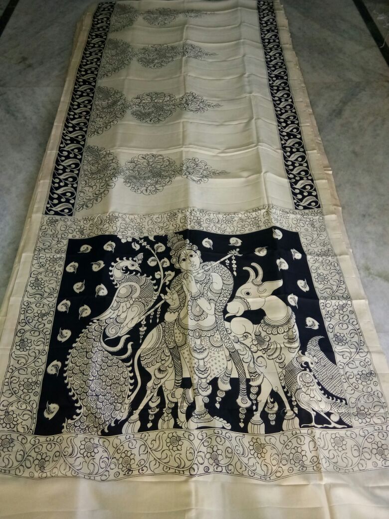 Black and White Kalamkari Printed Chennur Silk Saree-KPCHS-066