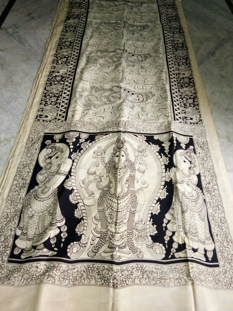 Black and White Kalamkari Printed Chennur Silk Saree-KPCHS-068