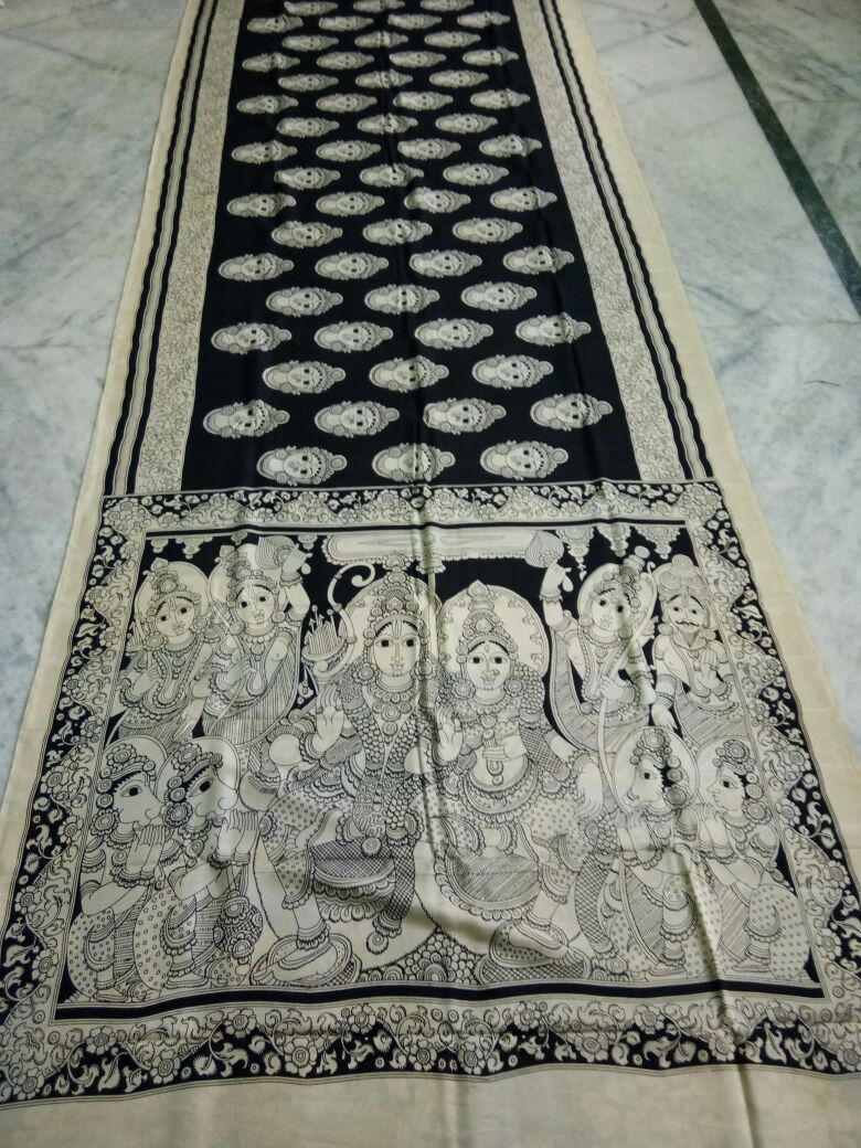 Black and White Kalamkari Printed Chennur Silk Saree-KPCHS-069