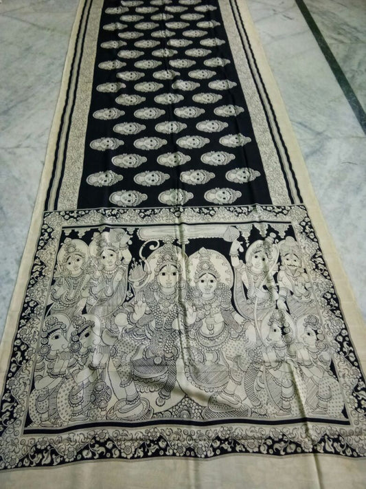 Black and White Kalamkari Printed Chennur Silk Saree-KPCHS-069