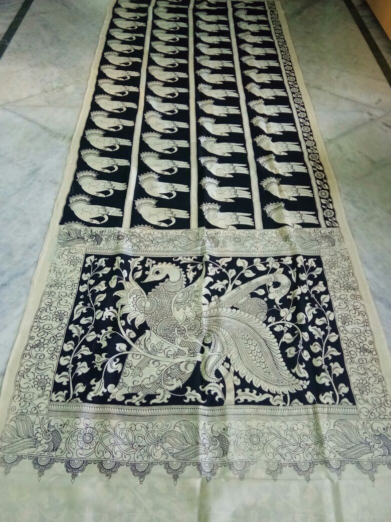 Black and White Kalamkari Printed Chennur Silk Saree-KPCHS-070