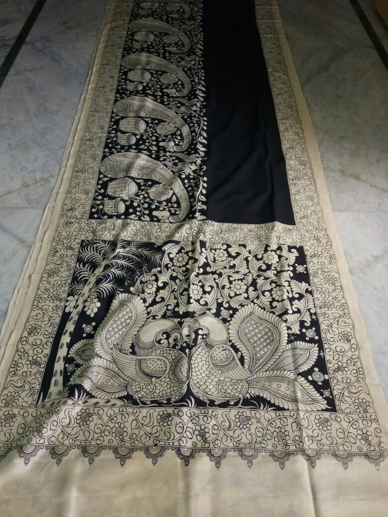 Black and White Kalamkari Printed Chennur Silk Saree-KPCHS-071