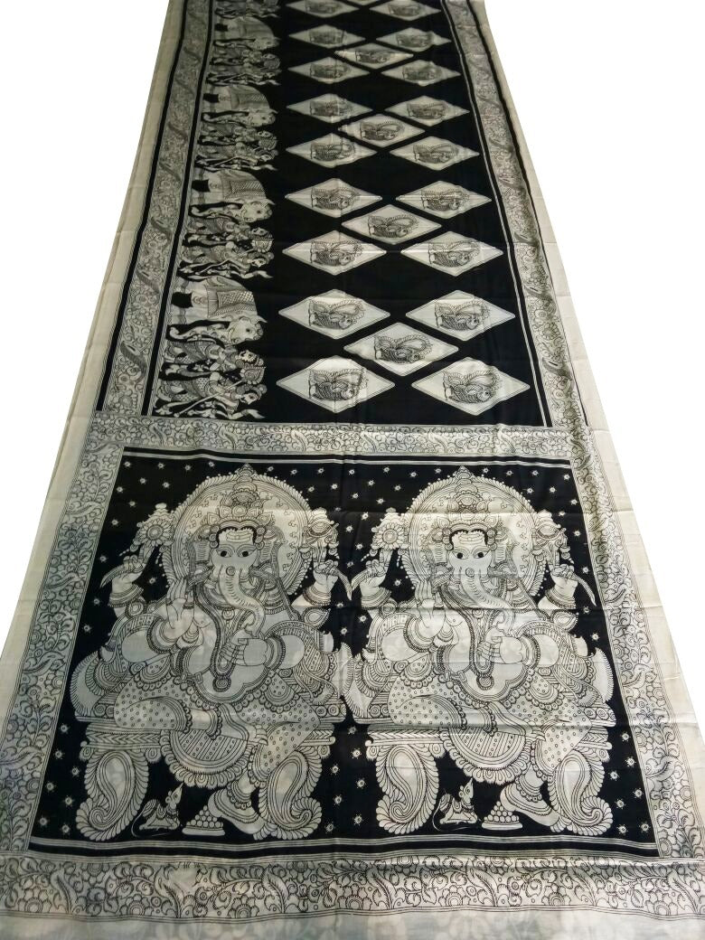 Black and White Kalamkari Printed Chennur Silk Saree-KPCHS-073
