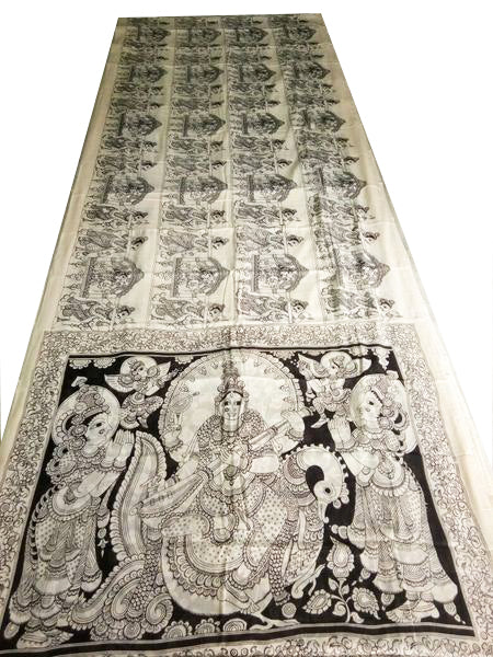 Monochrome Ornate Saraswati Hand-Painted Mal-Mal Cotton Kalamkari Saree