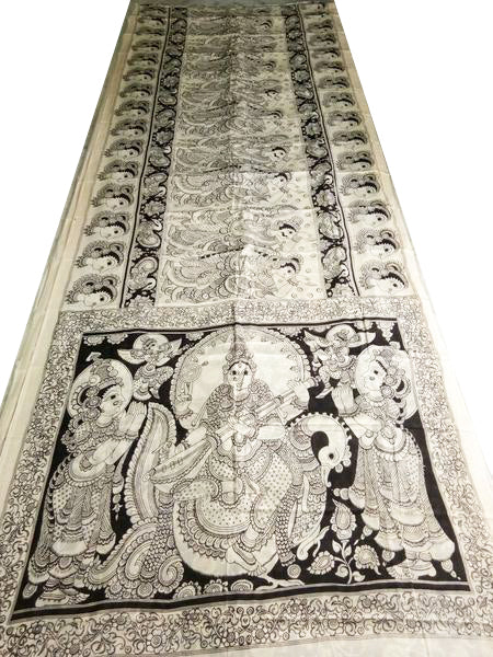 Monochrome Saraswati Hand-Painted Mal-Mal Cotton Kalamkari Saree