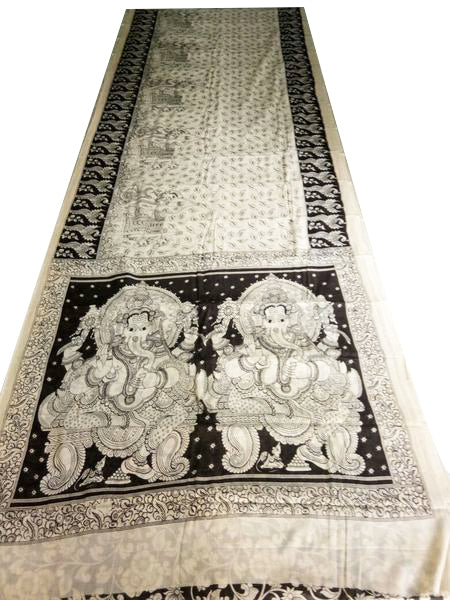 Monochrome Ganesha Hand-Painted Ethnic Mal-Mal Cotton Kalamkari Saree