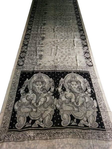 Monochrome Lord Ganesha Hand-Painted Mal-Mal Cotton Kalamkari Saree