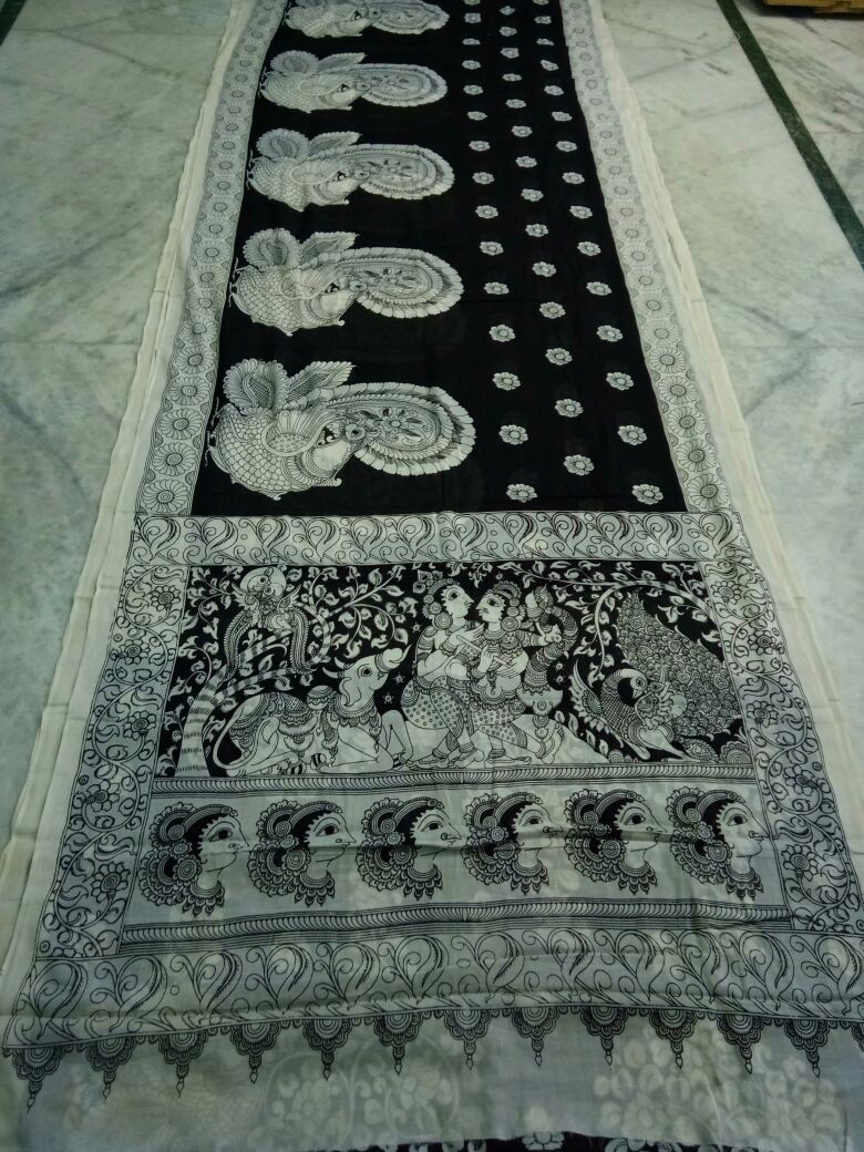 Black and White Kalamkari Printed Mal Cotton Saree-KPMCS-049